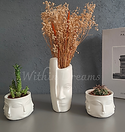Beyaz Yarım Yüz Vazo& Saksı Seti