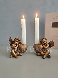 2 'li Altın Eskitme Melek Şamdan Seti