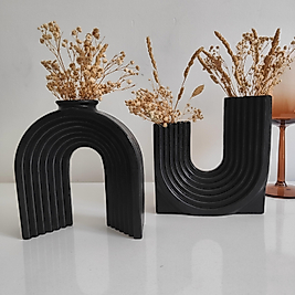 Siyah İkili Dekoratif U Vazo Seti