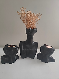 Siyah Modern Yüz Formlu Vazo &Mumluk Set