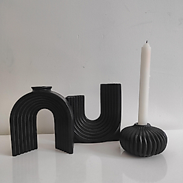 Siyah İkili Dekoratif U Vazo & Şamdan Seti