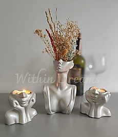 Gümüş Modern Yüz Formlu Vazo &Mumluk Set