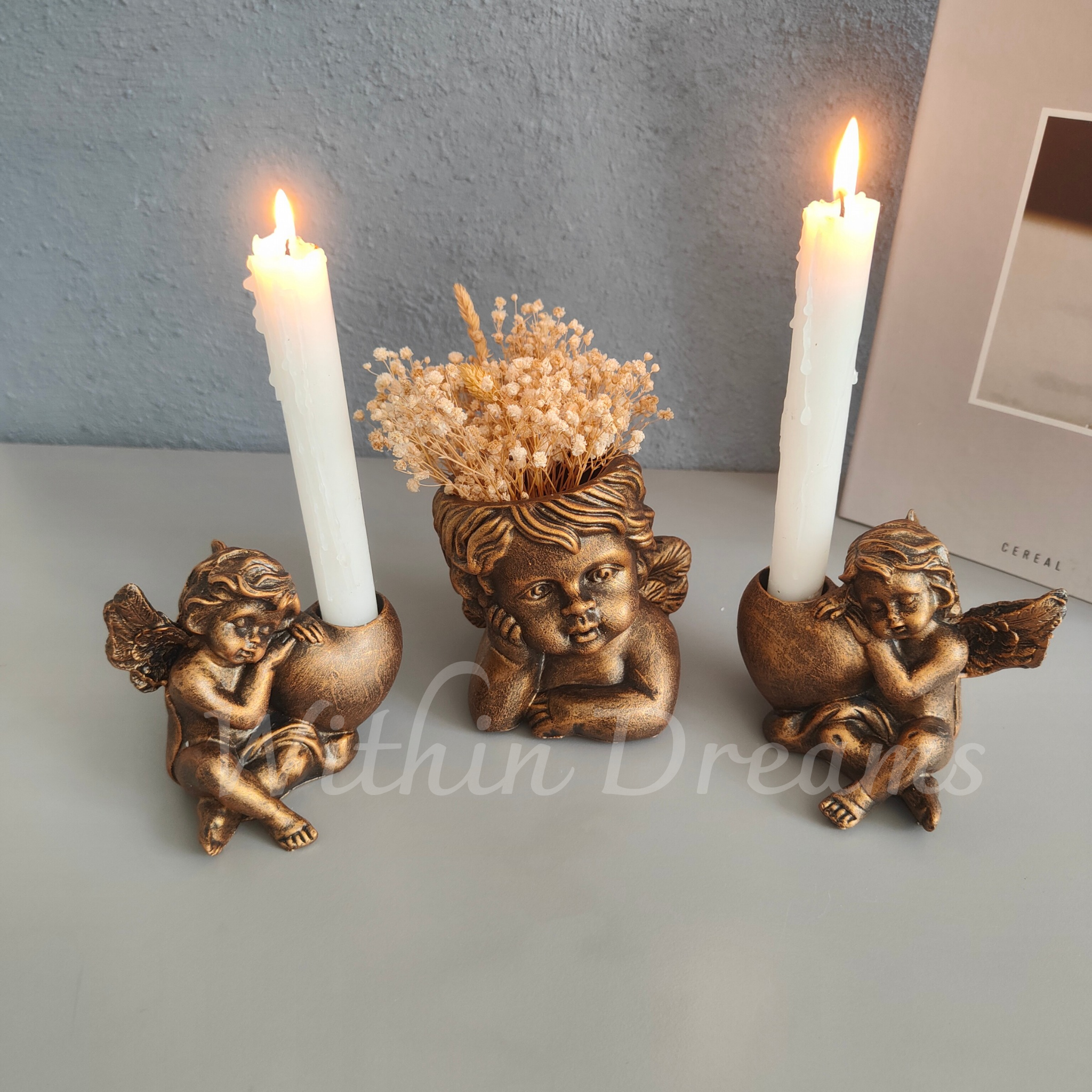 Altın Eskitme Melek Vazo &Şamdan Seti